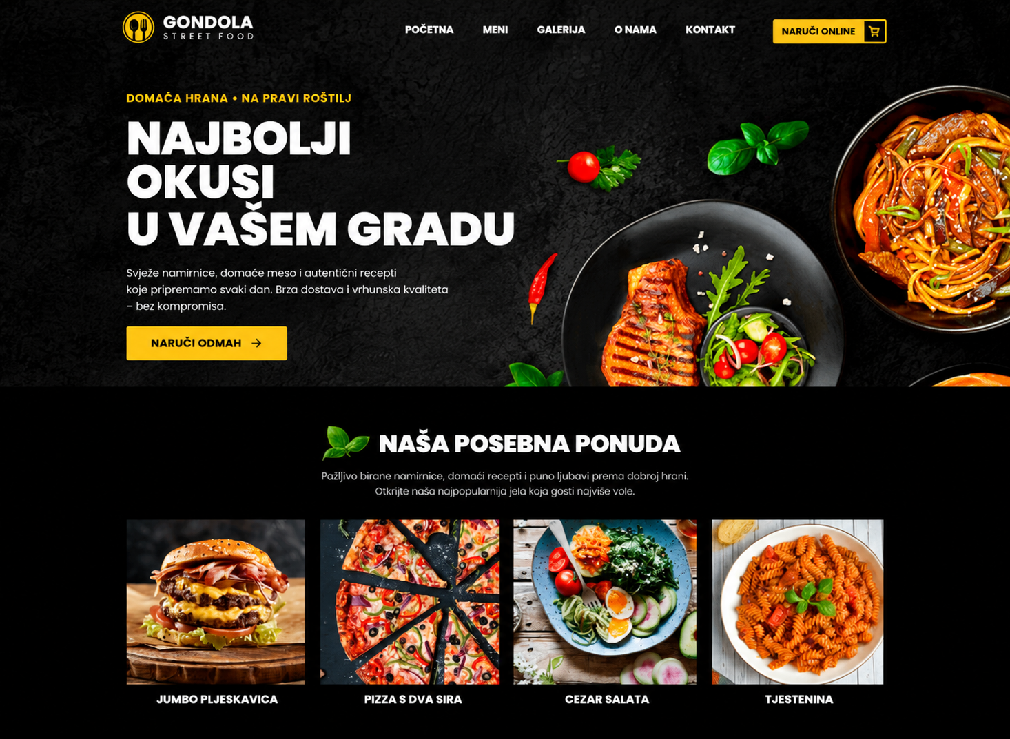 Primjer web stranice Gondola na hrvatskom s jelovnikom i online naručivanjem
